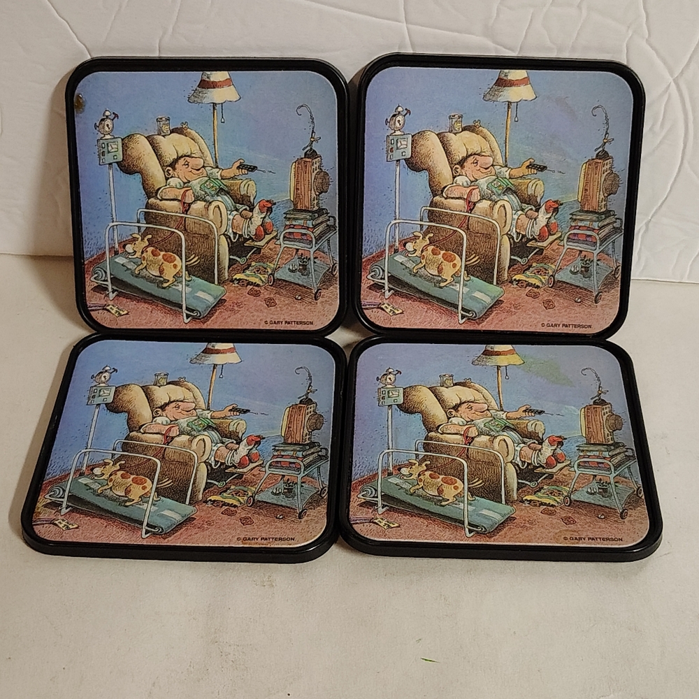 Gary Patterson Couch Potato TV Comic Coasters Set Of 4 Plastic 4" x 4"